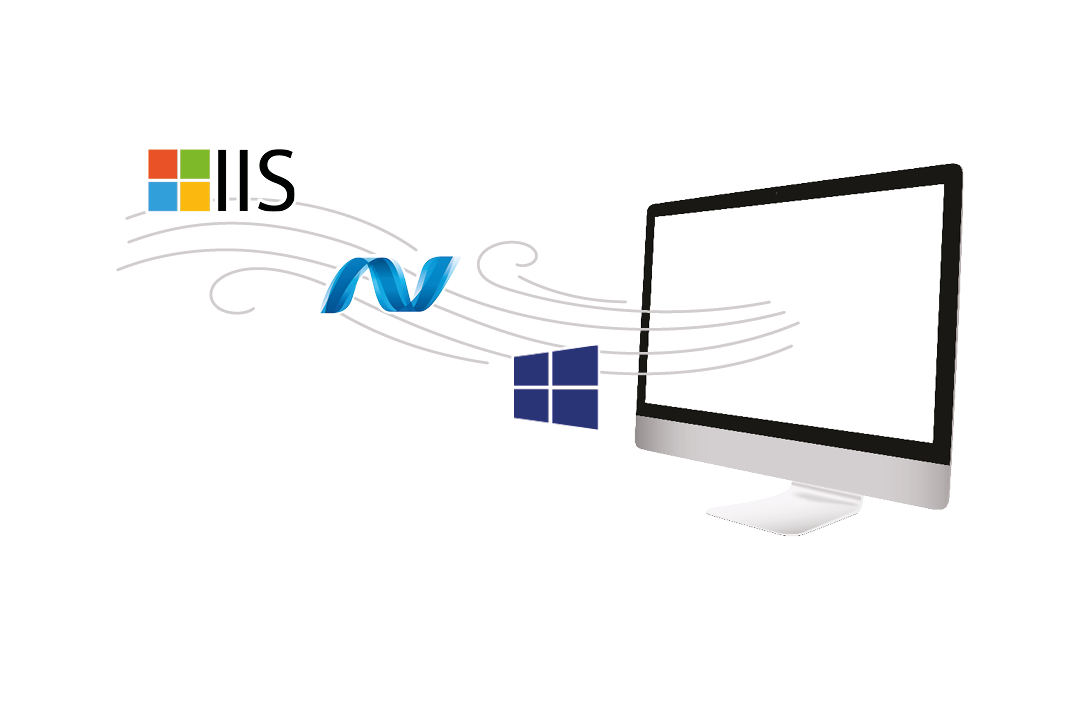 IIS, ASP.NET- und Windows-Symbol fliegen aus einem Bildschirm