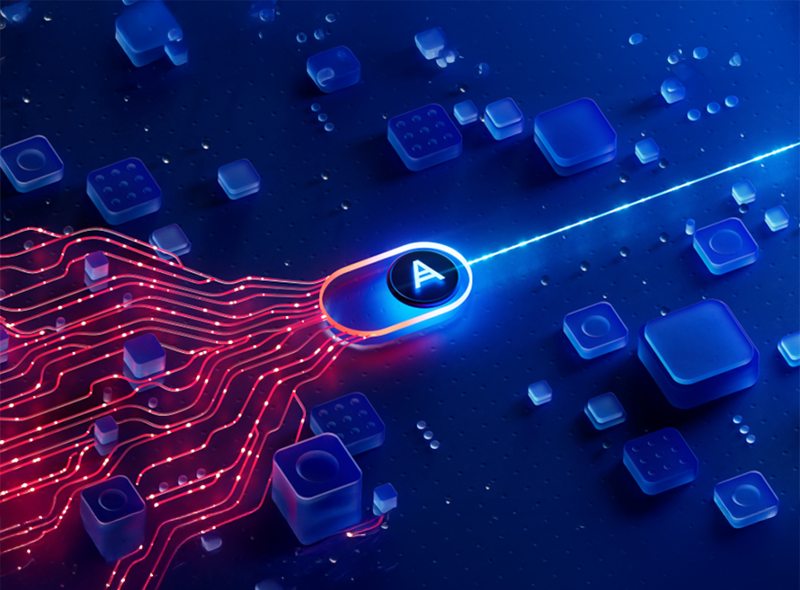 Visualisierung einer vernetzten IT-Infrastruktur mit Acronis-Symbol in der Mitte