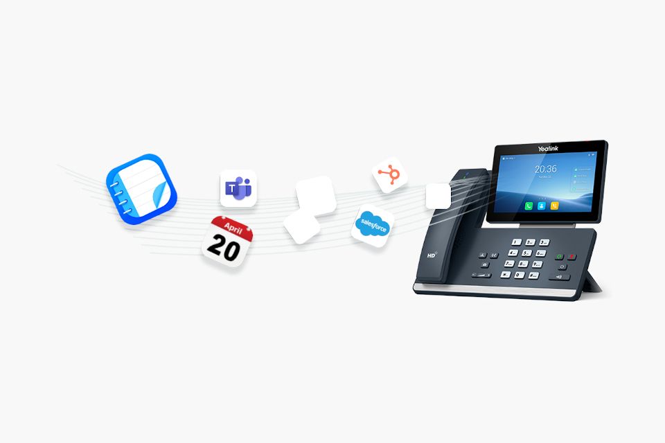 Yealink-Telefon mit Symbolen für Microsoft Teams, Kalender, Salesforce und HubSpot