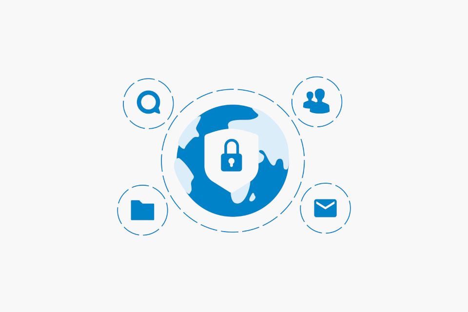 Zentrales Schloss auf Globus-Icon, umringt von vier Icons für Benutzerverwaltung und E-Mail