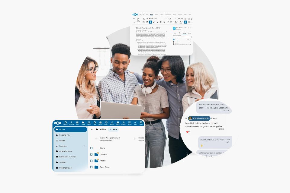 Büroteam arbeitet gemeinsam mit Nextcloud-Apps auf Laptop