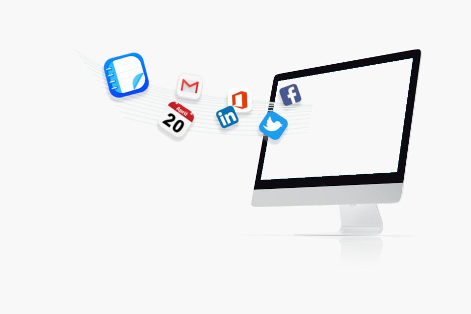 Symbole von Organisations-Apps fliegen aus einem iMac