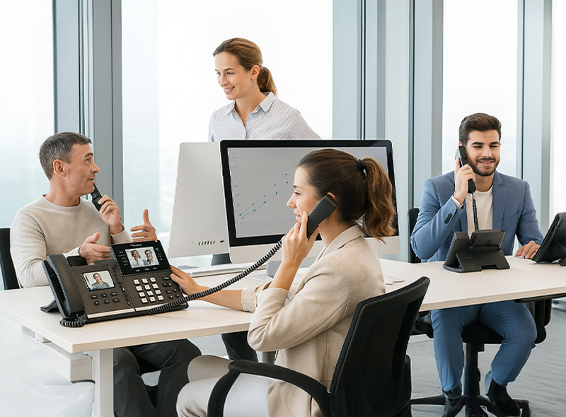 Kollegen nutzen Yealink-Telefonanlagen für professionelle Gespräche