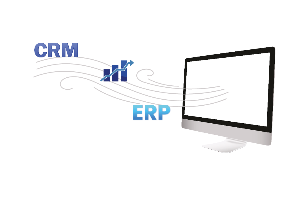 CRM-, Finanz- und ERP-Symbol fliegen aus einem Bildschirm