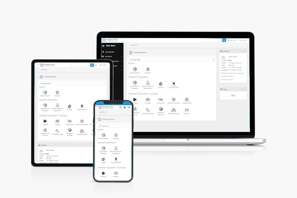 Responsive IT-Administrationsoberfläche auf Laptop, Tablet und Smartphone