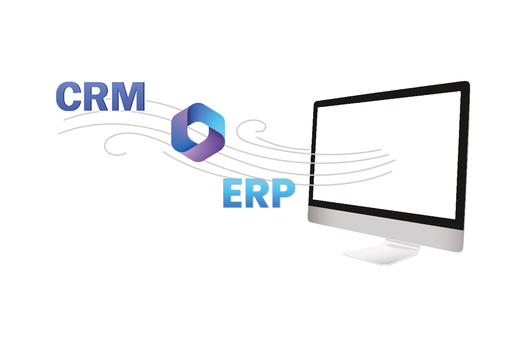 CRM-, Microsoft- und ERP-Symbol fliegen aus einem Bildschirm