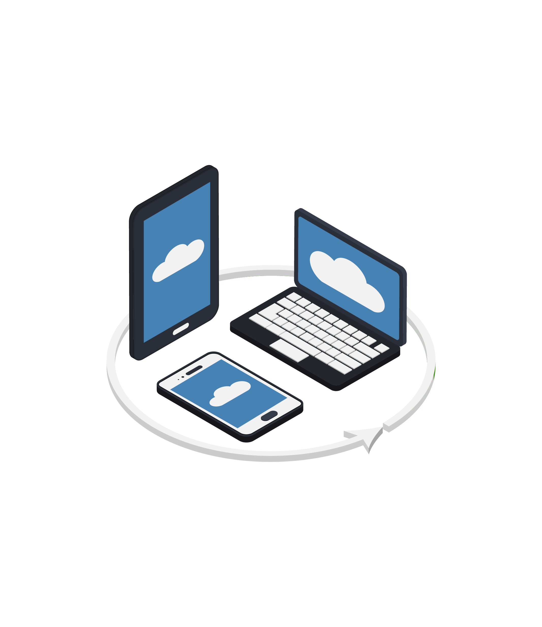 Geräte mit Cloud-Symbolen für Hosting, E-Mail und Backup